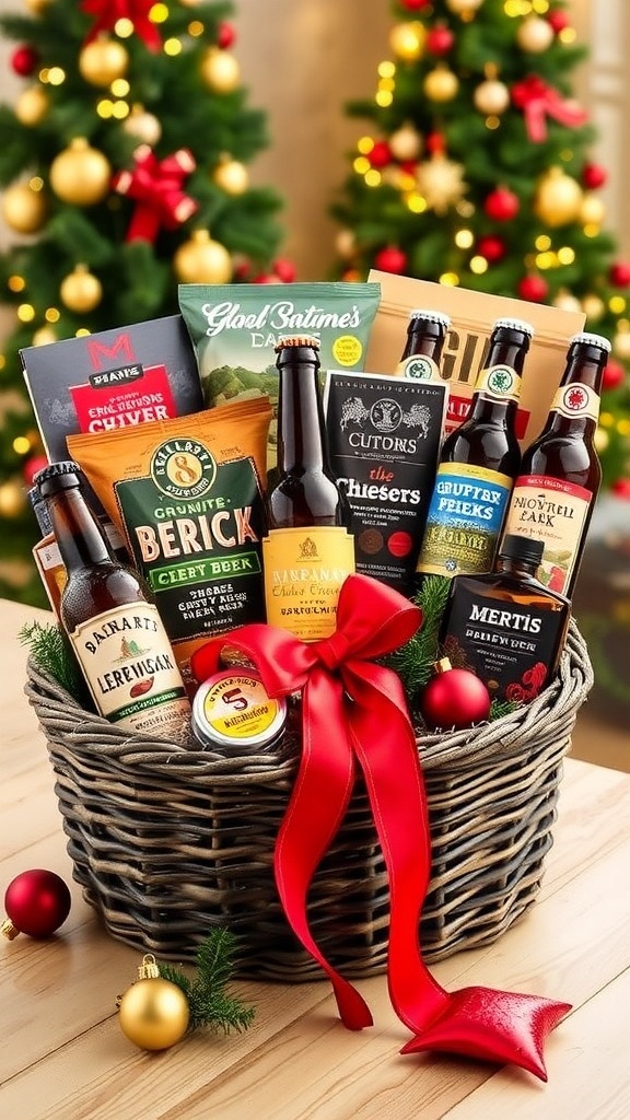 Christmas Gift Baskets for Men Christmas gift basket featuring snacks, beers, and grooming products, decorated with a red ribbon.